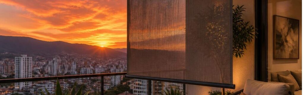 Toldo vertical exterior color gris instalado en balcón para control solar